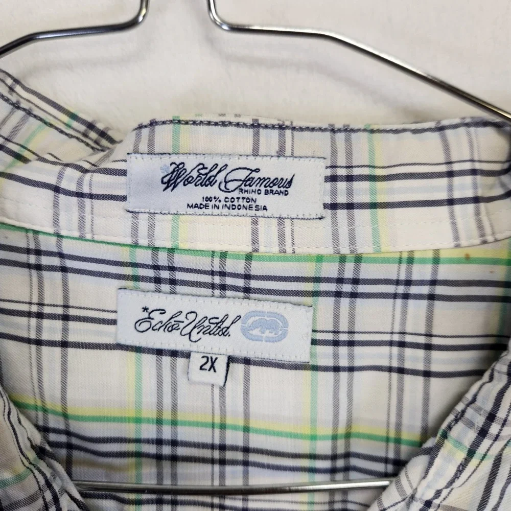 Ecko Unltd Mens 2X Short Sleeve Button‎ Down Shirt Plaid White Green Navy Cotton